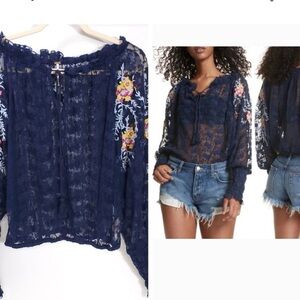 Free People Blue Lace with floral embroidery Blouse